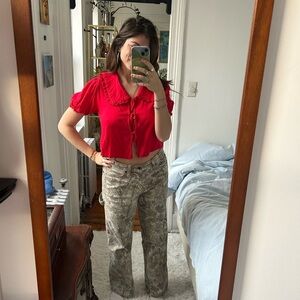 Red Blouse with Patterned Pants